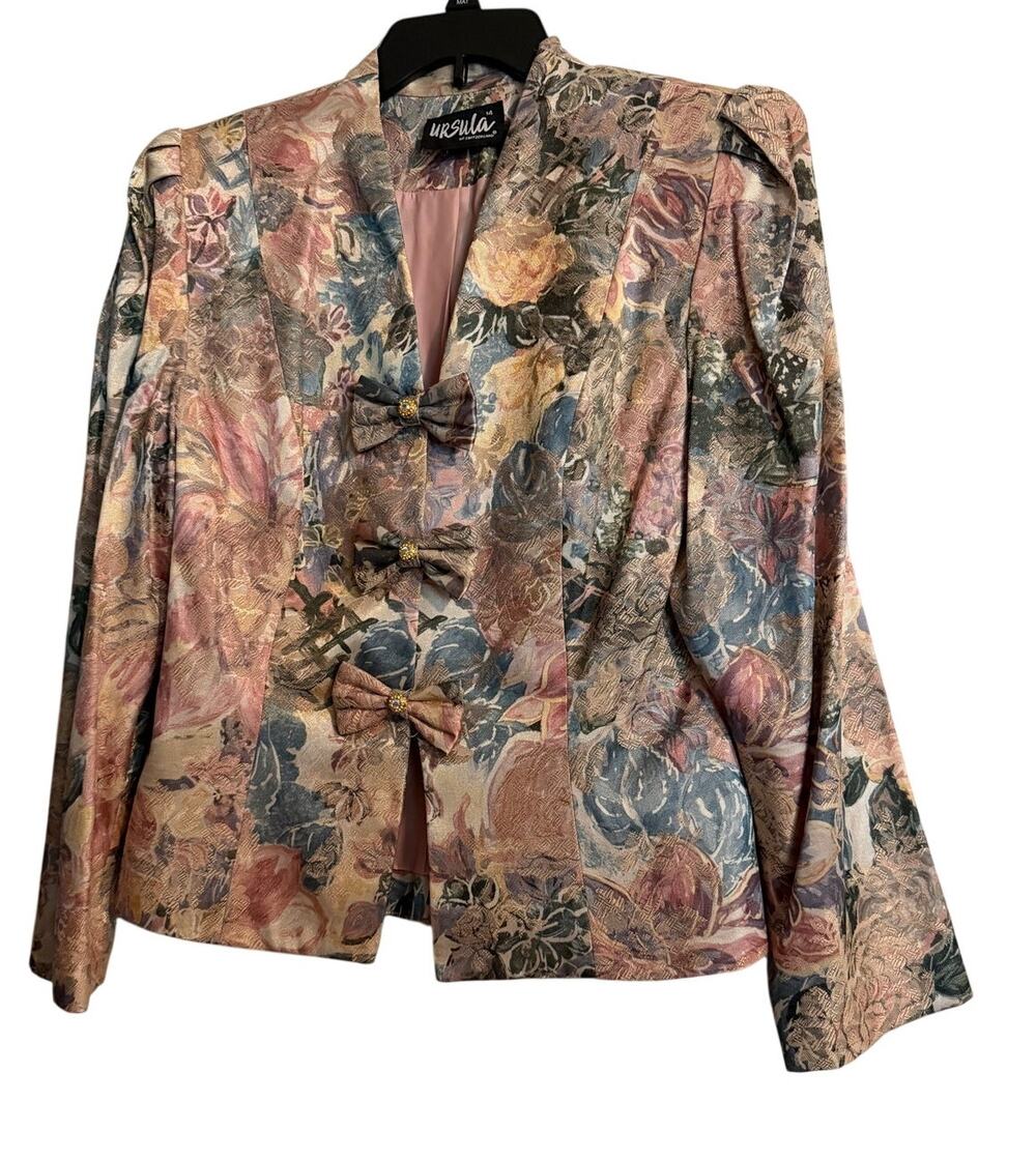 Ursula of Switzerland Vintage Floral Jacquard Tapestry Blazer Jacket Bows Siz 14